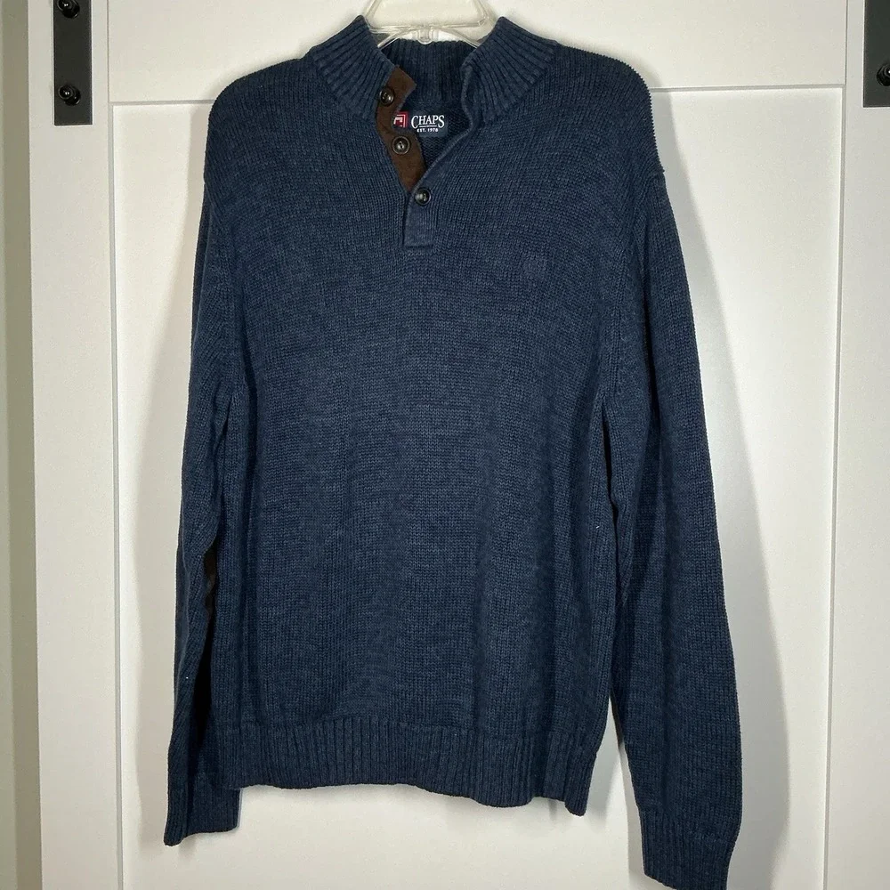 Chaps Henley Sweater Mens L‎ Navy Button Mock Neck Pullover Elbow Patch Preppy